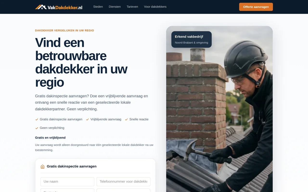 Strona VakDakdekker.nl — porównywarka dekarzy w Holandii z formularzem zapytania
