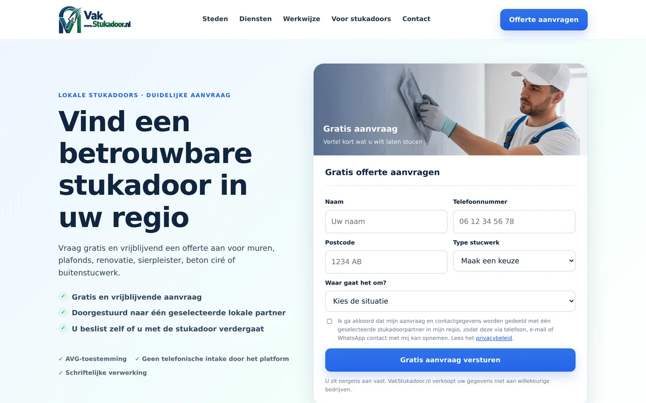 Strona VakStukadoor.nl — lokalne usługi stukatorskie z formularzem ofertowym