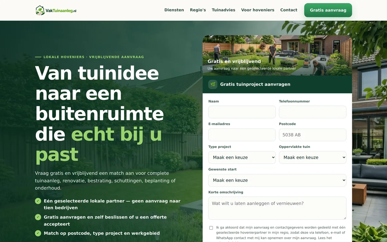 Strona VakTuinaanleg.nl — lokalni ogrodnicy w Holandii z formularzem zapytania